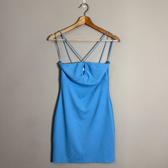 Mango Crisscross Strap Bodycon Mini Dress Women's 2 Blue Going Out Ribbed NWOT - Picture 4 of 14